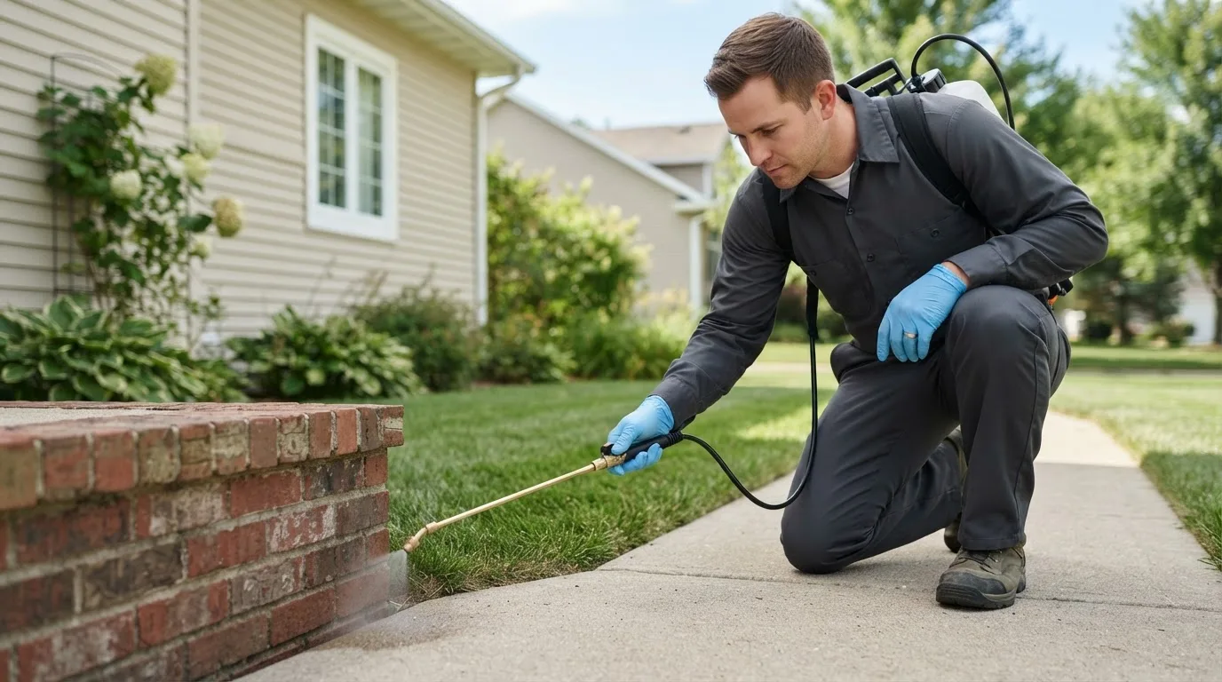Pest control technician treating a home near Pioneertown, CA